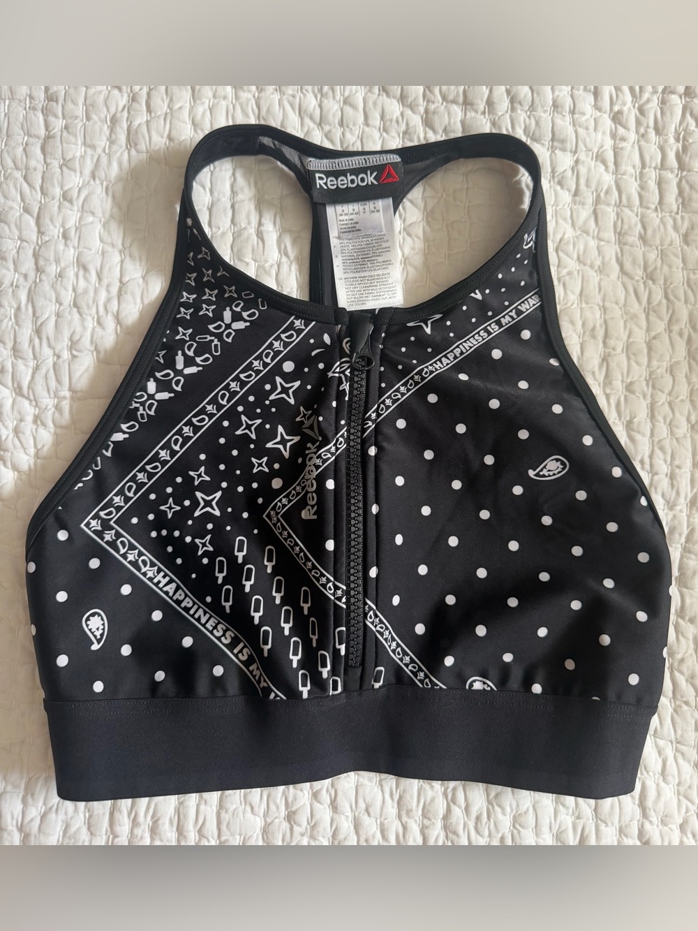Reebok Black Sports Bra with White Bandana Print and Front Zip